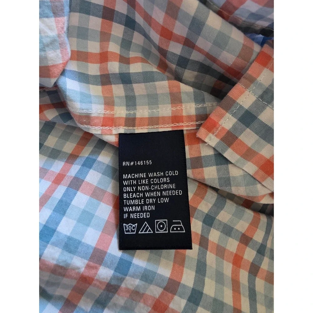 Fish Hippie Men's Small Tailored Fit‎ Coral Pink Blue Gingham Collared L/S Shirt